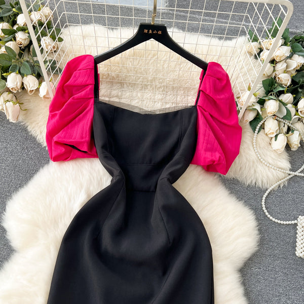 Rose Red Puffy Sleeve Black Dress