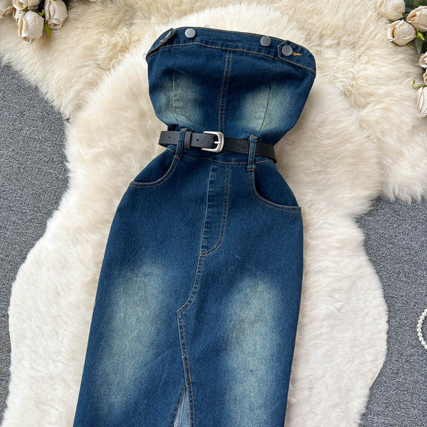 Vintage Strapless Denim Split Dress
