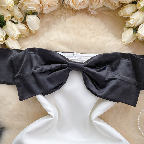 Off-shoulder Black Bow White Dress
