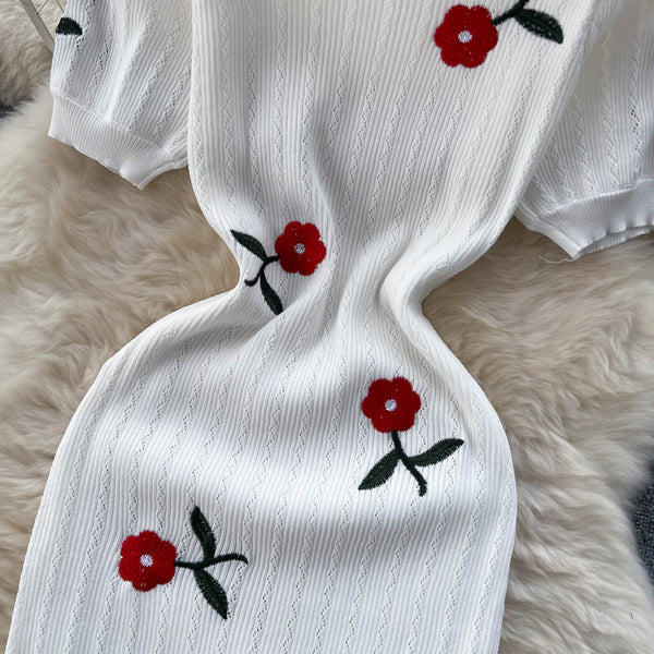 Elegant Embroidered Rose Knitted Dress