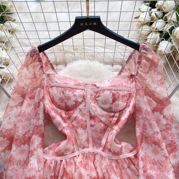 Daisy Printed Puffy Sleeve Floral Dress