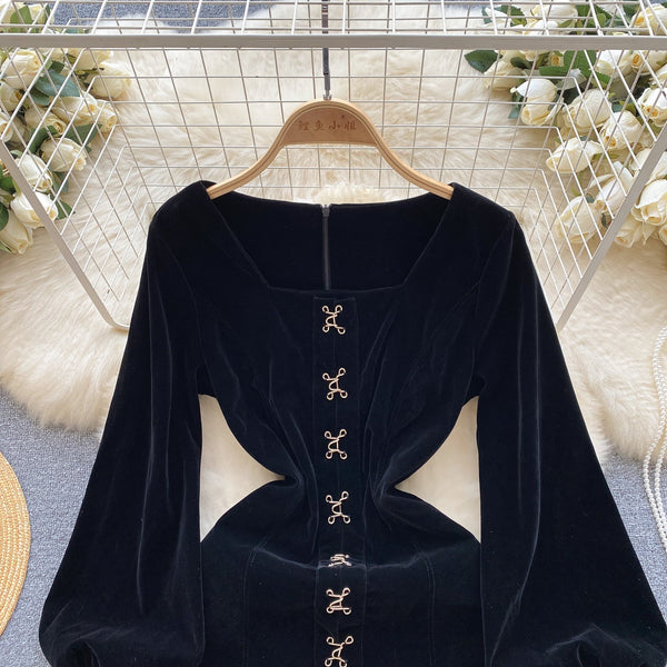 Vintage Square Collar Suede Black Dress