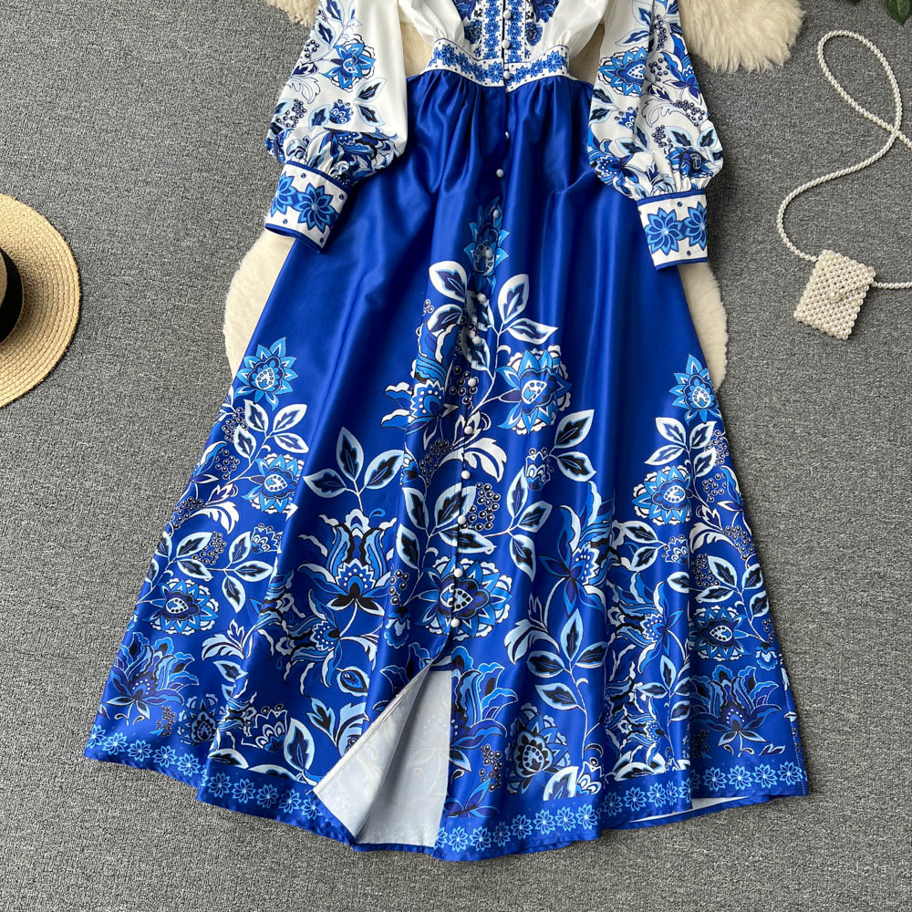 V-neck Puff Sleeve Printed Dress