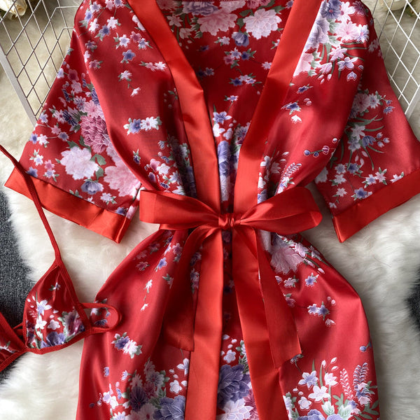 Lace-up Printed Robe Cardigan Dress