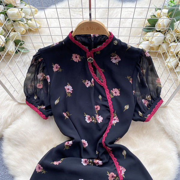 Sweetie Lace Trim Floral Cheongsam