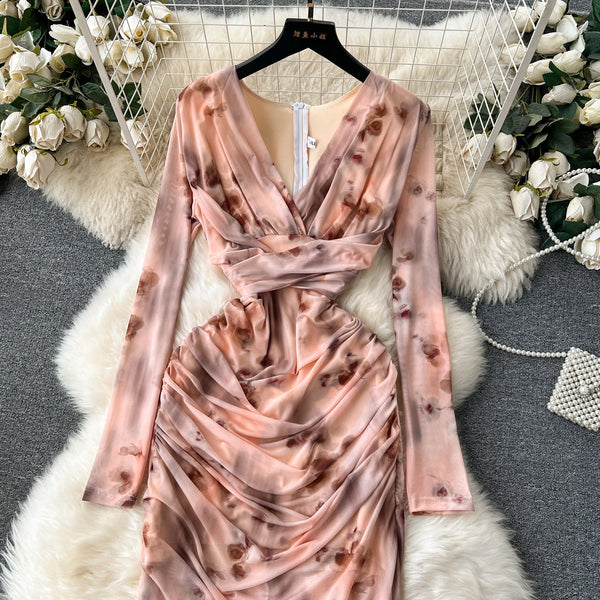 V-neck Pleated Tie-dye Printed Dress