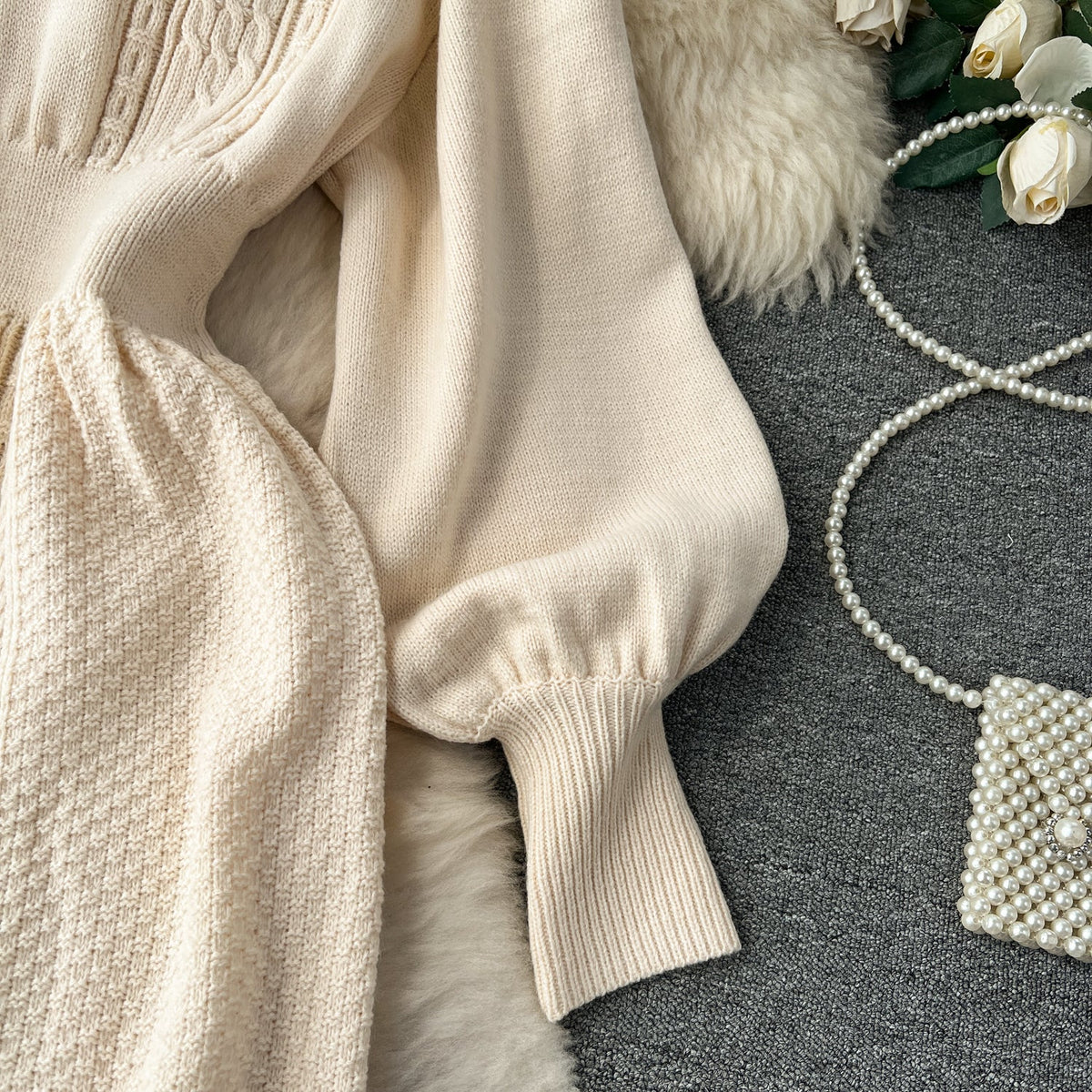 Round Collar Puffy Sleeve Knitted Dress