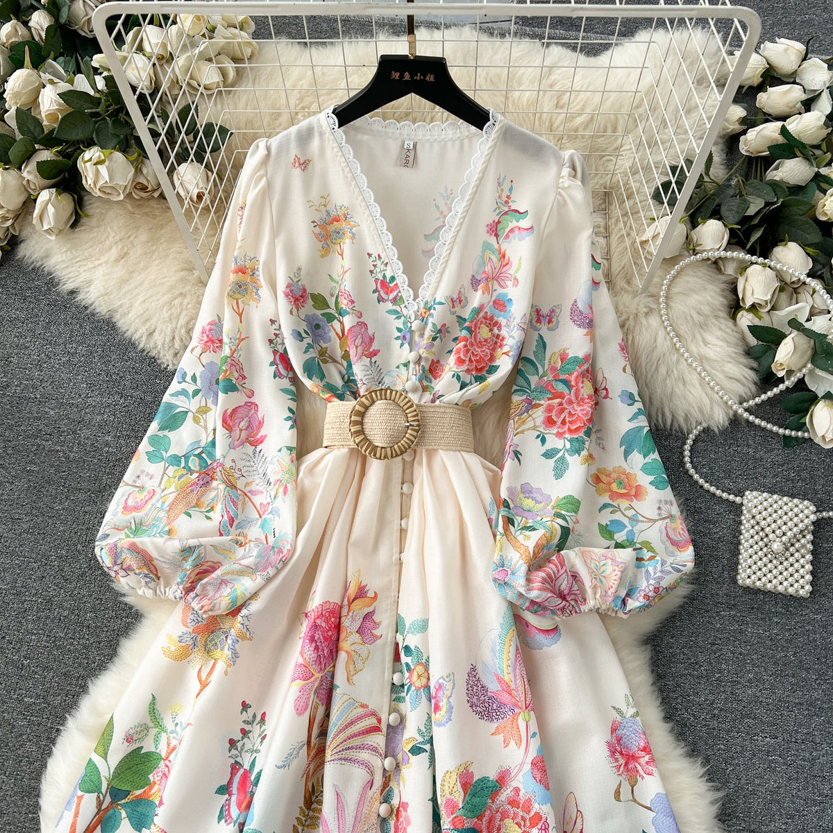 Sweetie V-neck Single-breasted Floral Dress