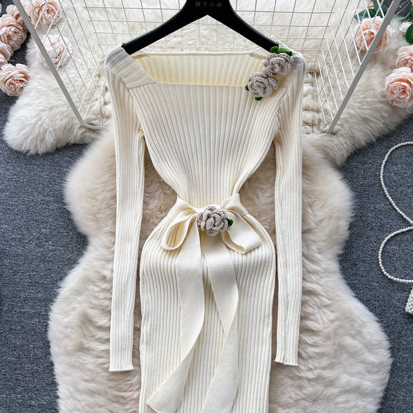 3d Floral Pit-stripe Stretchy Knitted Dress