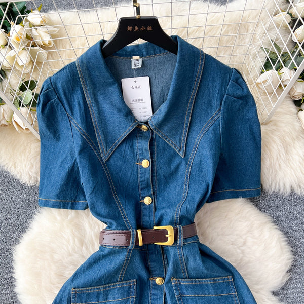 Lapel Single-breasted Denim Shirt Dress
