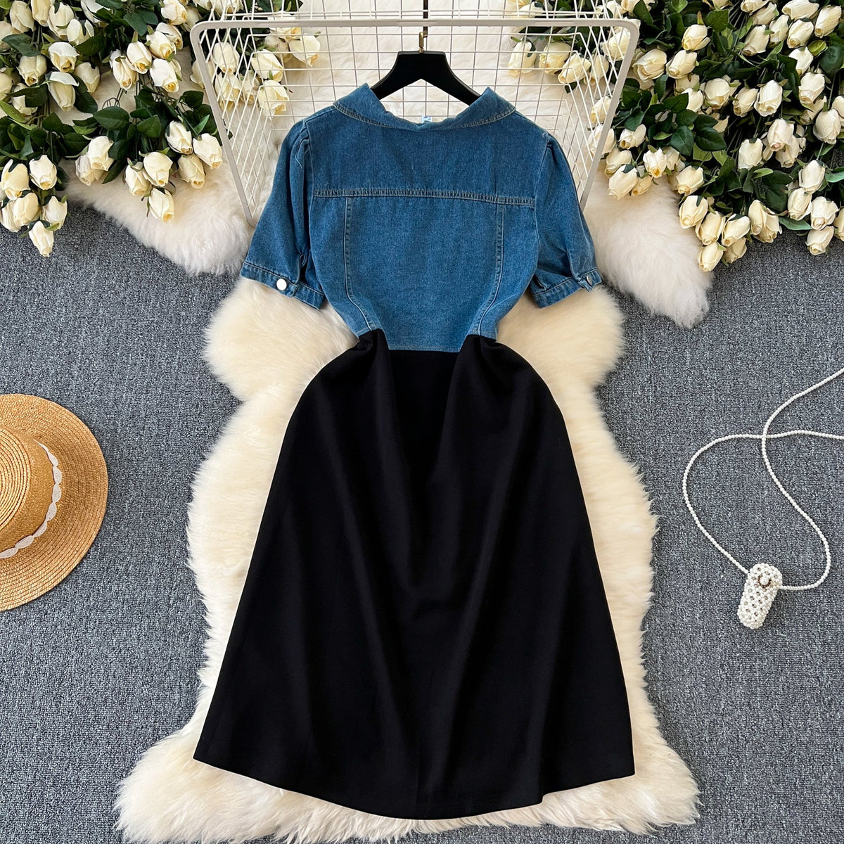Faux Two-pieces Denim Patchwork Dress