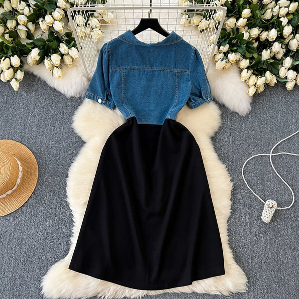 Faux Two-pieces Denim Patchwork Dress