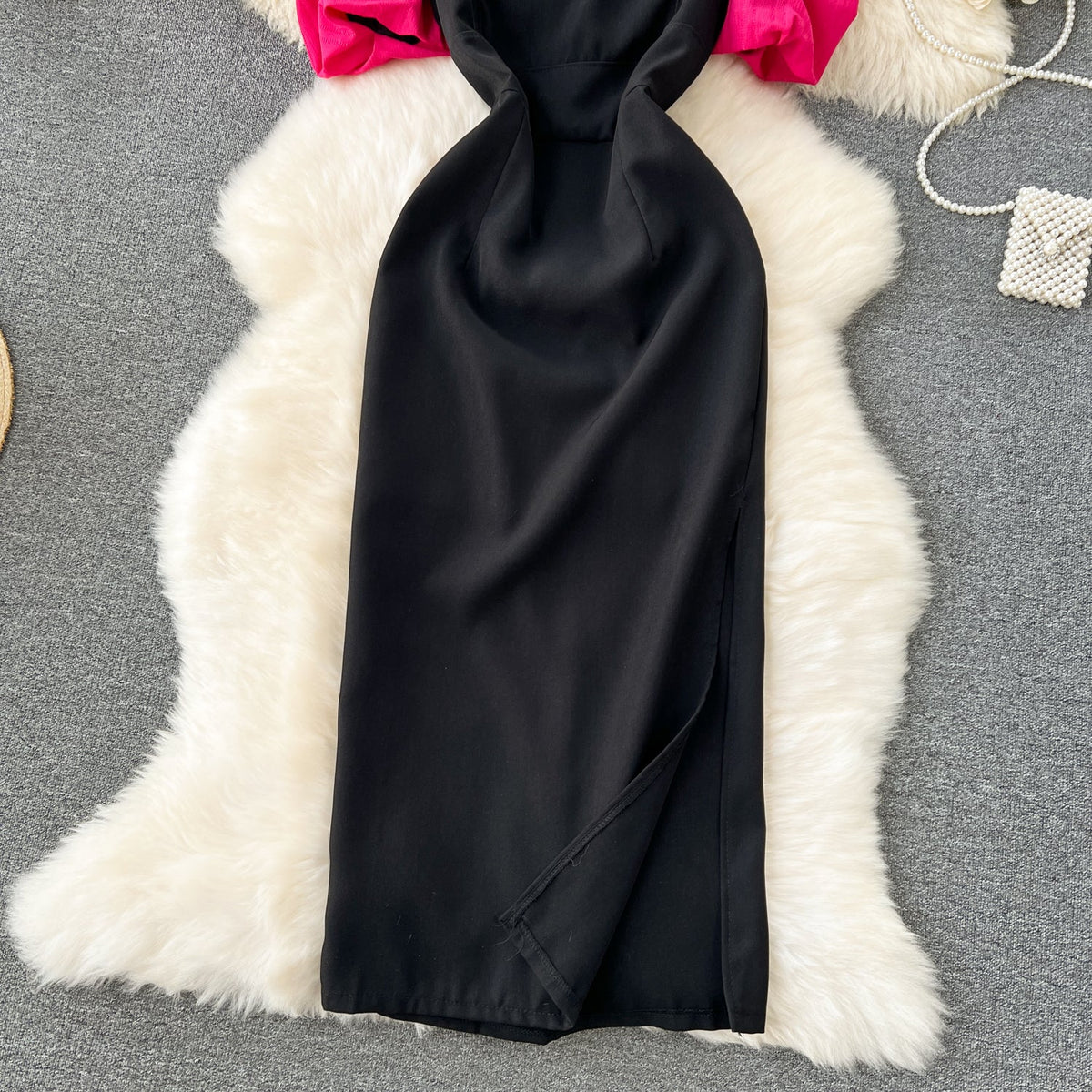 Rose Red Puffy Sleeve Black Dress