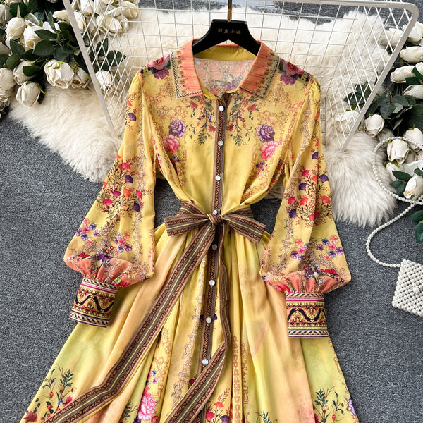 Vintage Lace-up Printed Shirt Dress