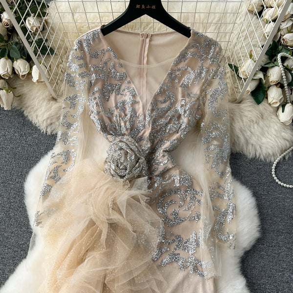 Sequined Mesh Patchwork Maxi Dress