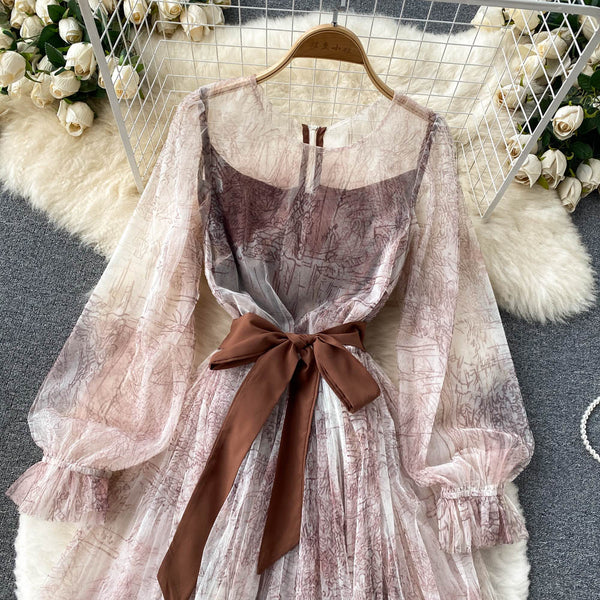 French Style Floral Printed Mesh Dress