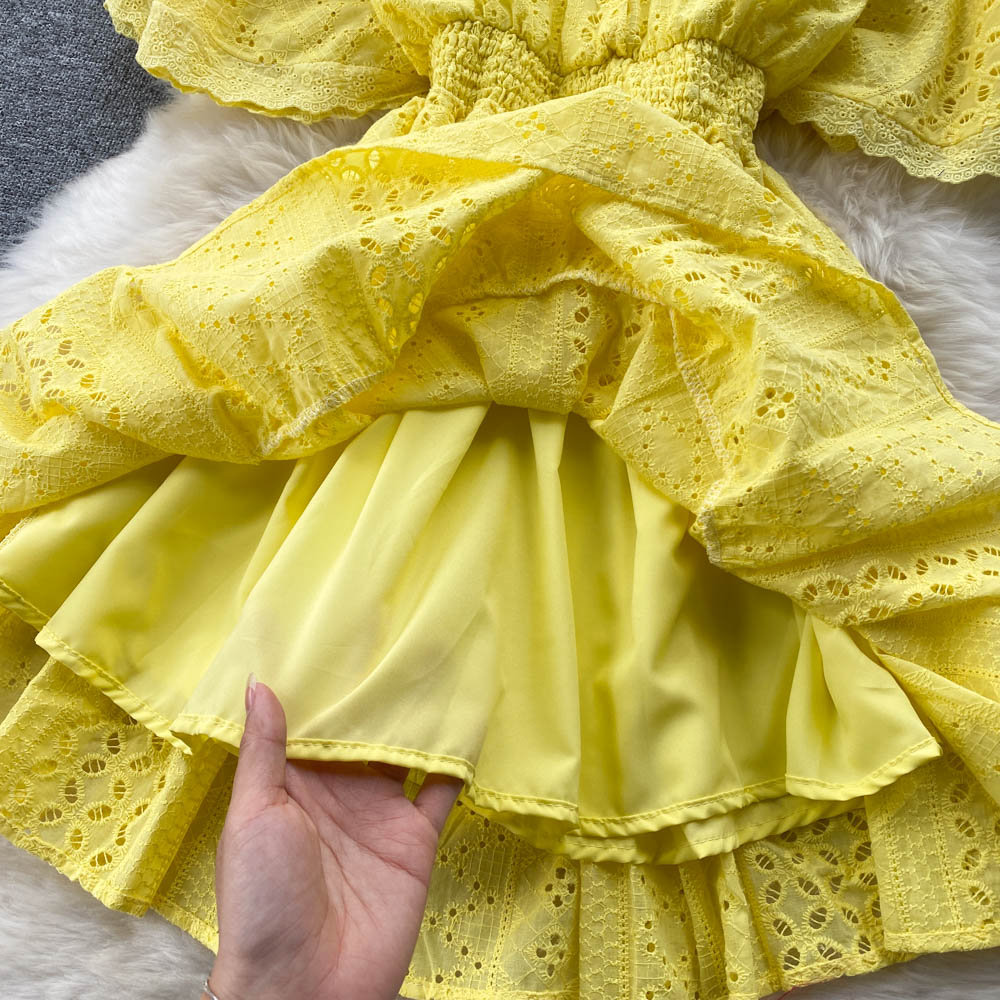 Cut-out Hollowed Puff Sleeve Dress