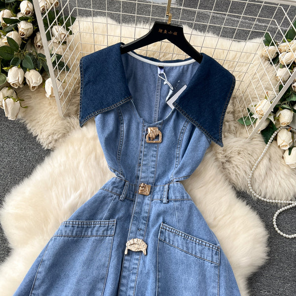 Navy Collar Sleeveless Hollowed Denim Dress