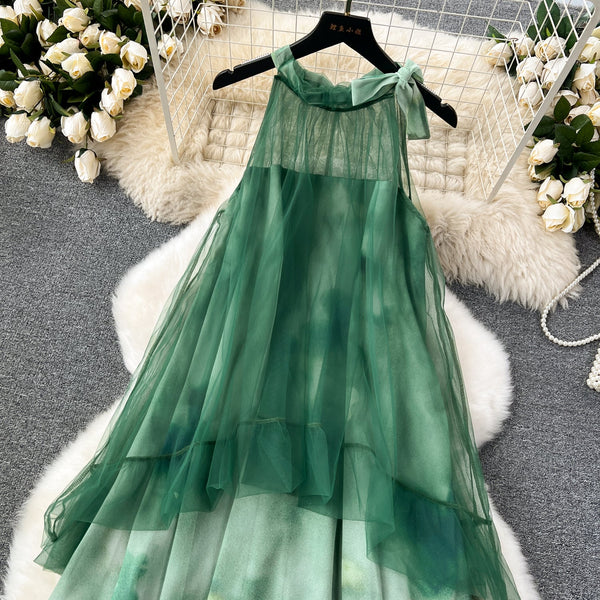 Fairy Green Mesh Loose-fit Halter Dress