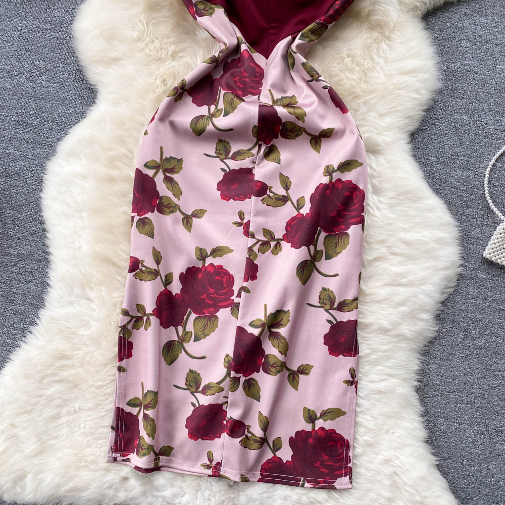 Niche Color Blocking Printed Floral Dress