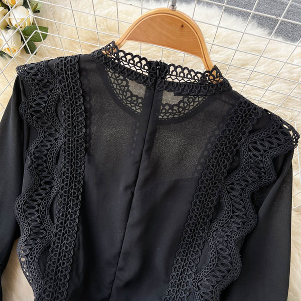 French Style Lace Patchwork Black Dress