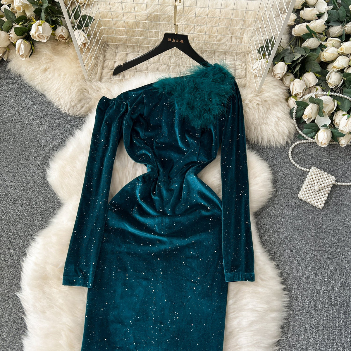 Slant Furry Neckline Suede Dress