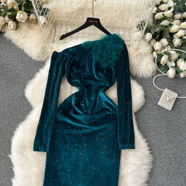 Slant Furry Neckline Suede Dress