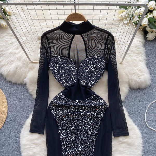 Elegant Hollowed Mesh Sequined Dress