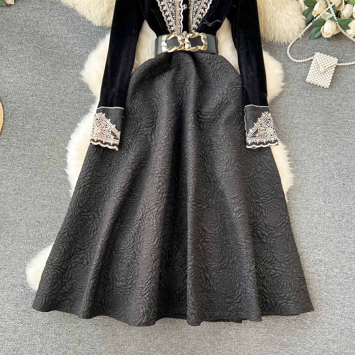 Vintage Nakışlı A-line Süet Elbise