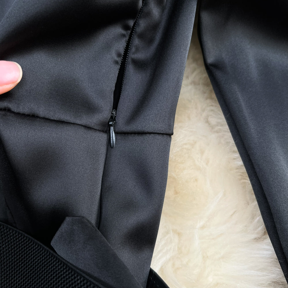 Acetate Satin V-neck Pleated Black Dress