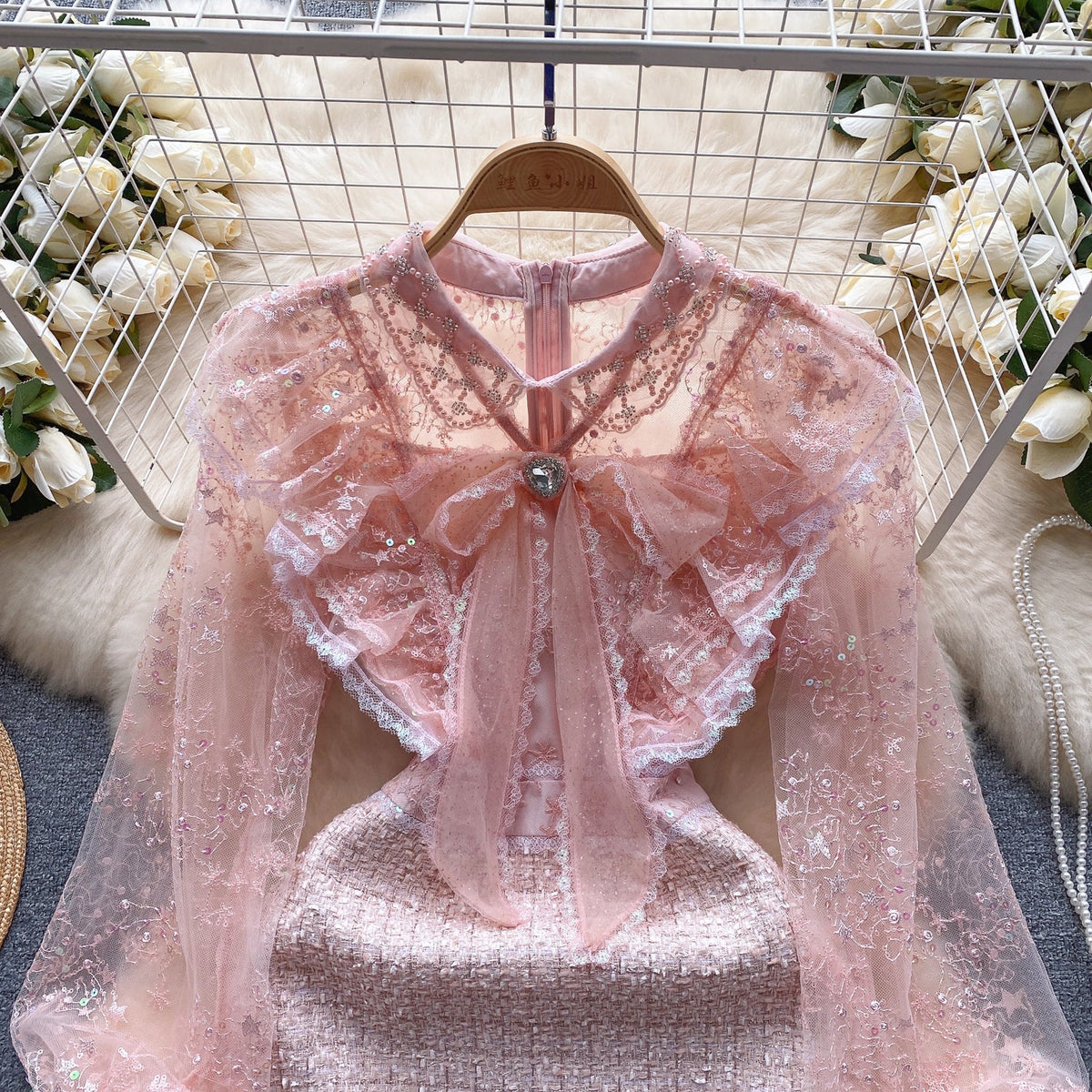 Pink Mesh Patchwork Tweed Dress