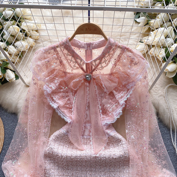 Pink Mesh Patchwork Tweed Dress