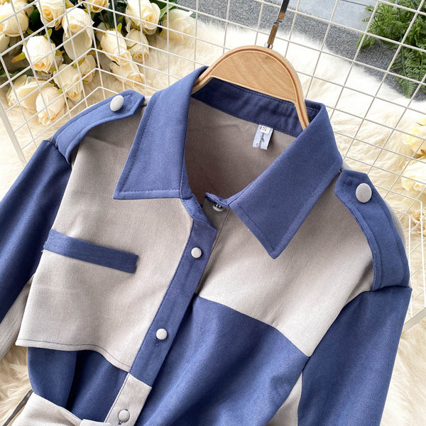 Lapel Patchwork Lace-up Coat Dress