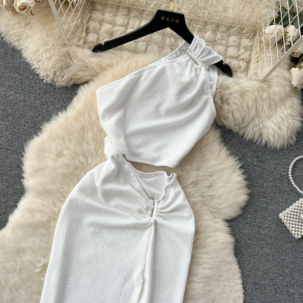 Asymmetric Slant Neckline Slit White Dress