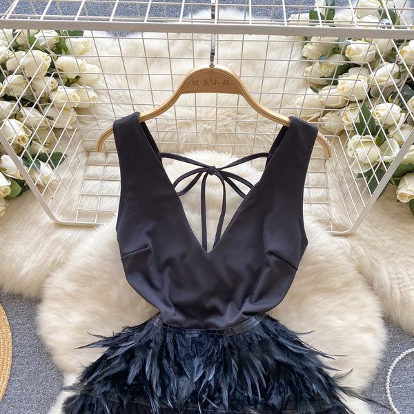 Premium Sleeveless Feather Hem Black Dress
