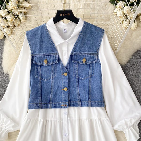 Denim Vest&White Shirt Dress 2Pcs