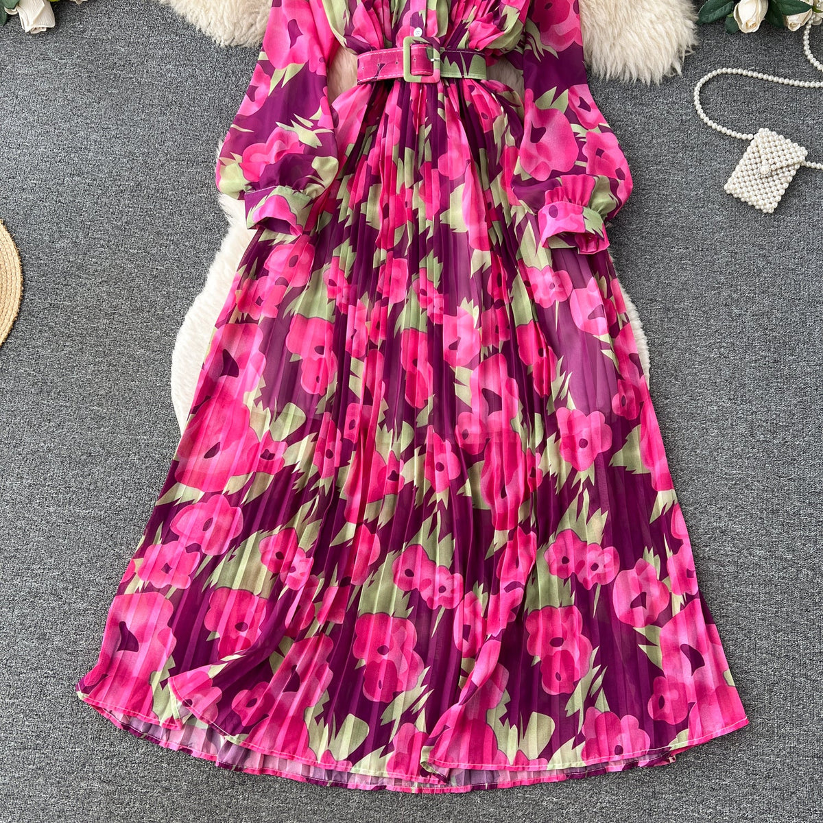 Pleated Floral Printed Shirt Dress