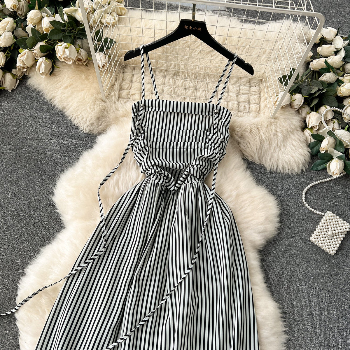 High-end Striped Pleated Slip Dress