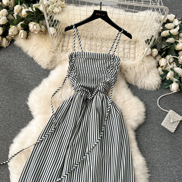 High-end Striped Pleated Slip Dress