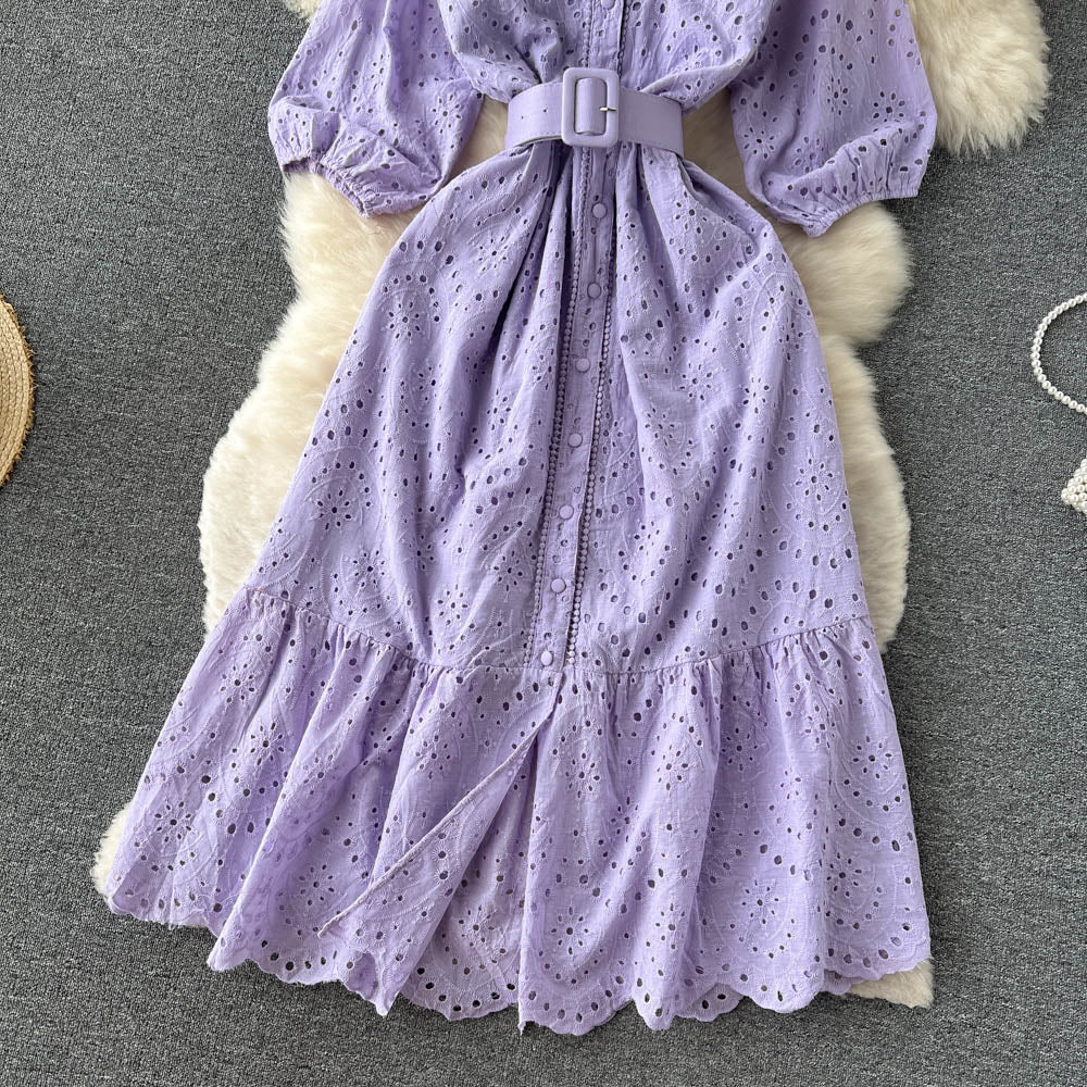 Frock With Hollow V-neck And Bubble Sleeves