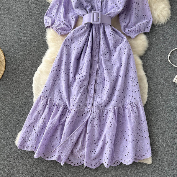 Frock With Hollow V-neck And Bubble Sleeves