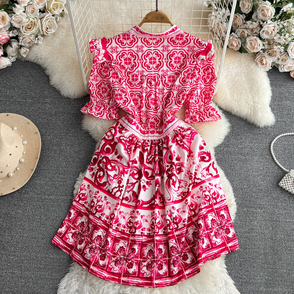 Ethnic V-neck Celadon Printed Shirt Dress