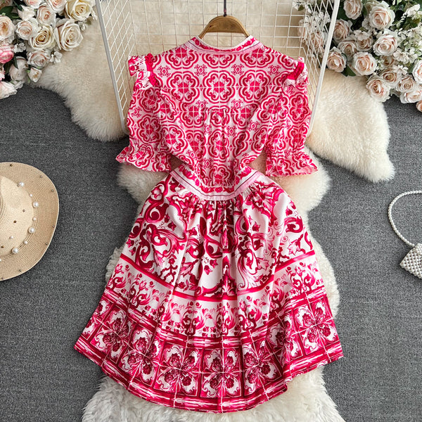 Ethnic V-neck Celadon Printed Shirt Dress