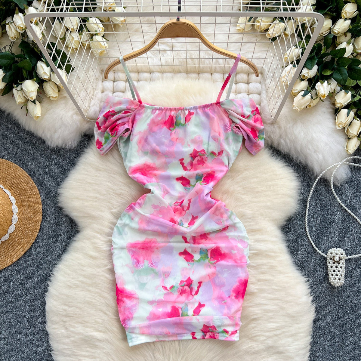 Irregular Printed Ruffled Slip Dress
