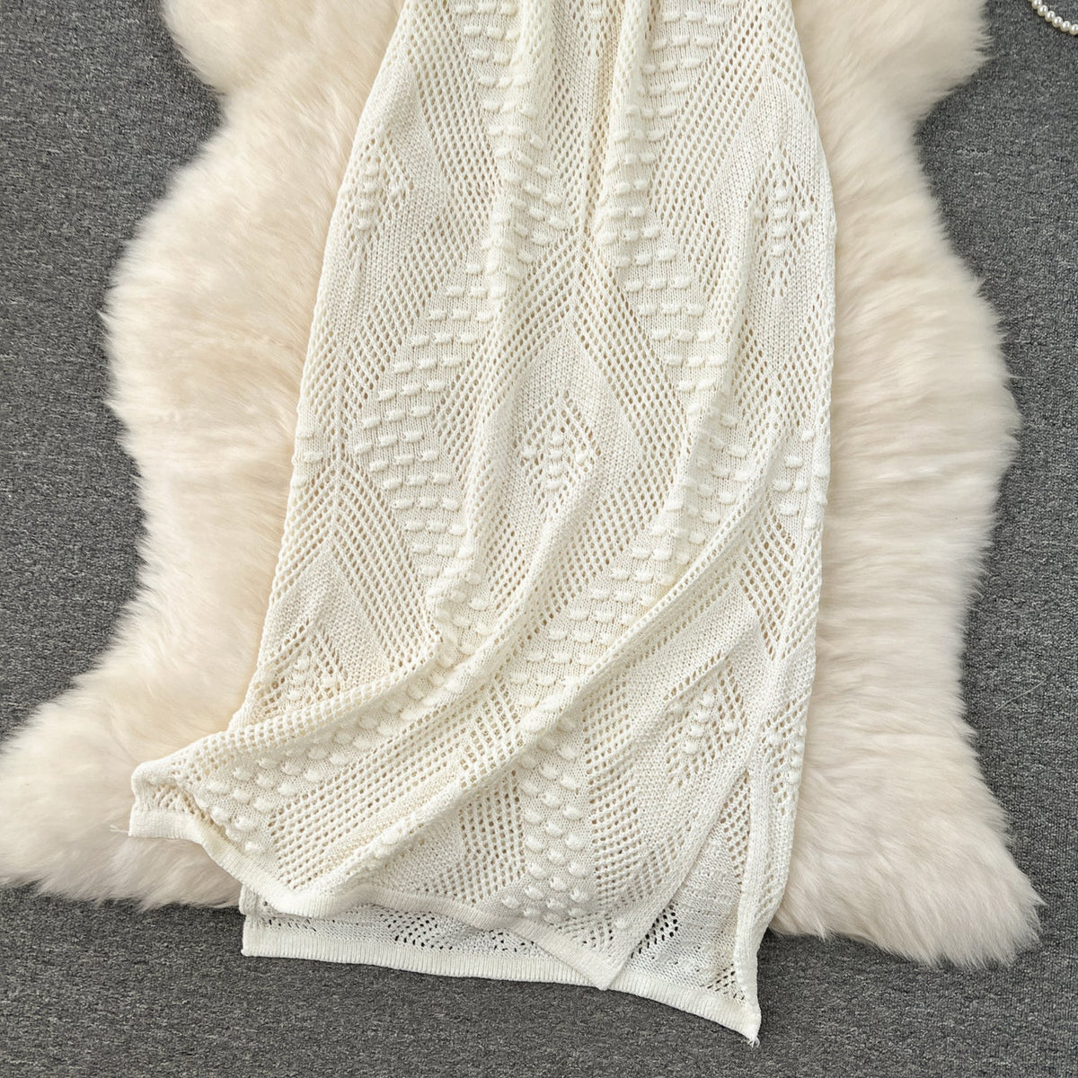 V-neck Hollowed Knitted White Dress