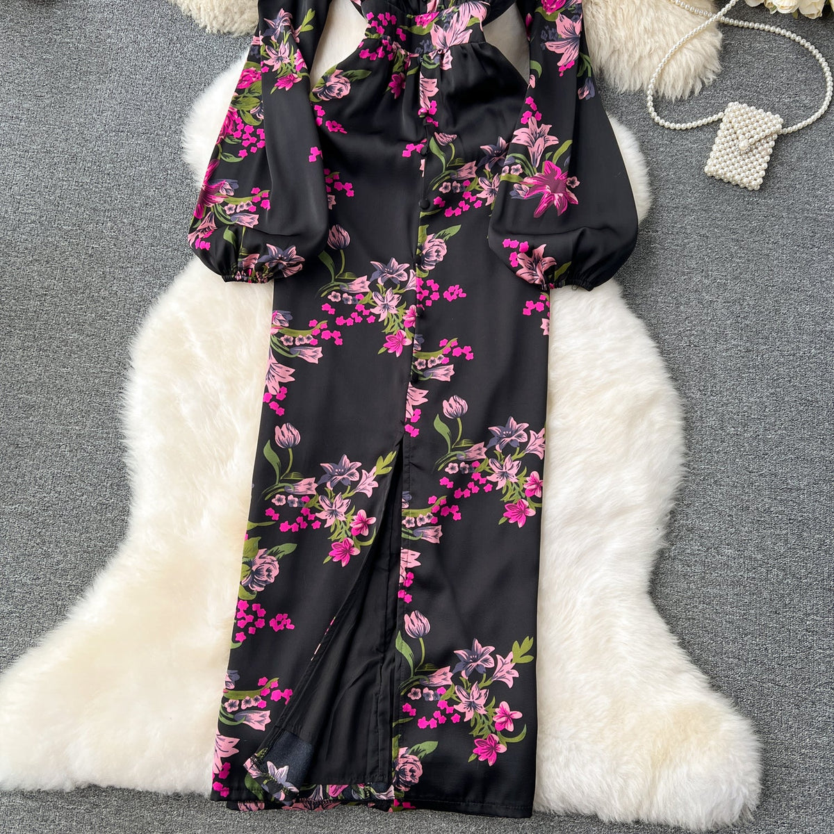 Elegant Floral Printed Black Dress