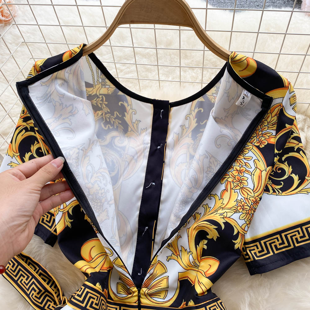 Printed Round-neck Lace-up Dress