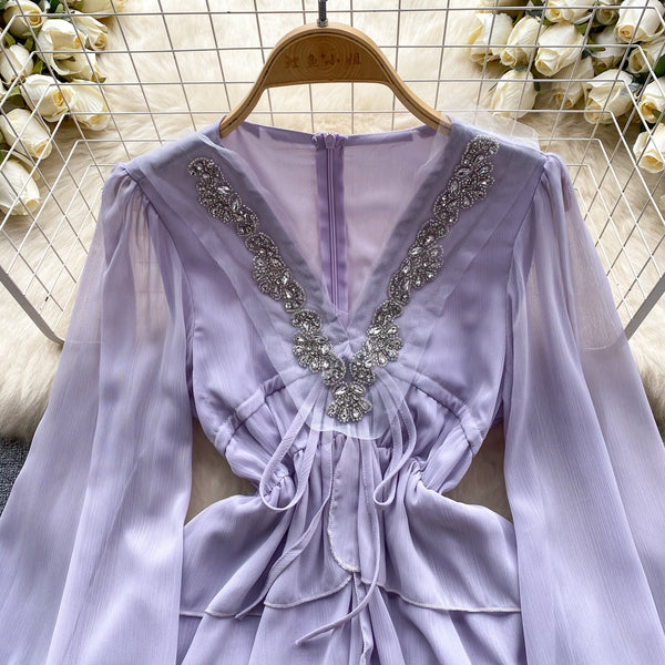 V-neck Beaded Ruffled Chiffon Dress