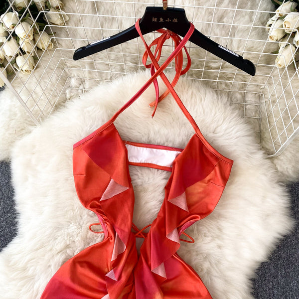 Hollowed Ruffle Backless Halter Dress