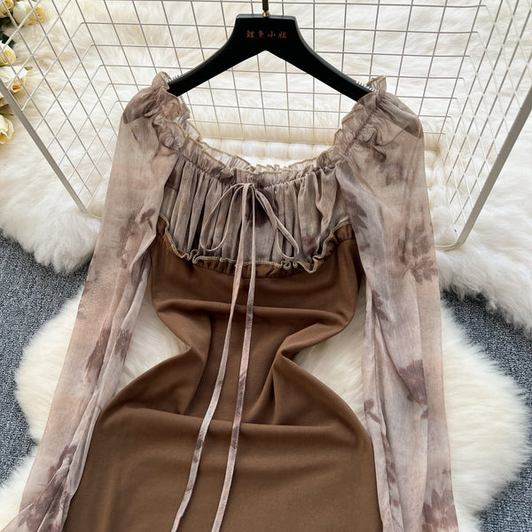 Mesh Patchwork Fishtail Brown Dress